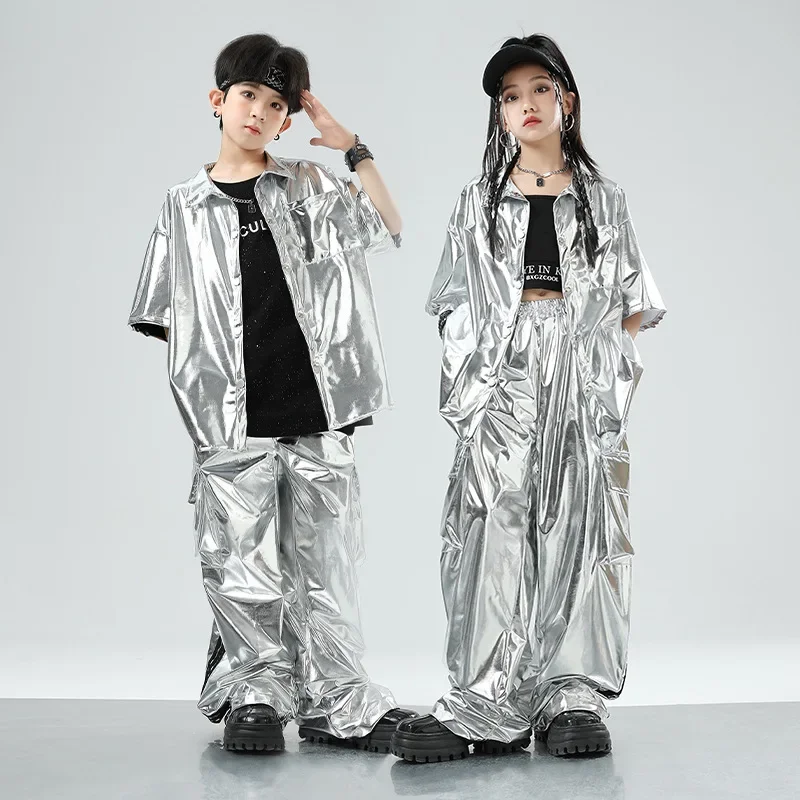 Kids Boy Gril Silver Leather Short Sleeve Hip Hop Jazz Shirt Pant Children Sets Performance Costume Stage Clothes Tracksuits