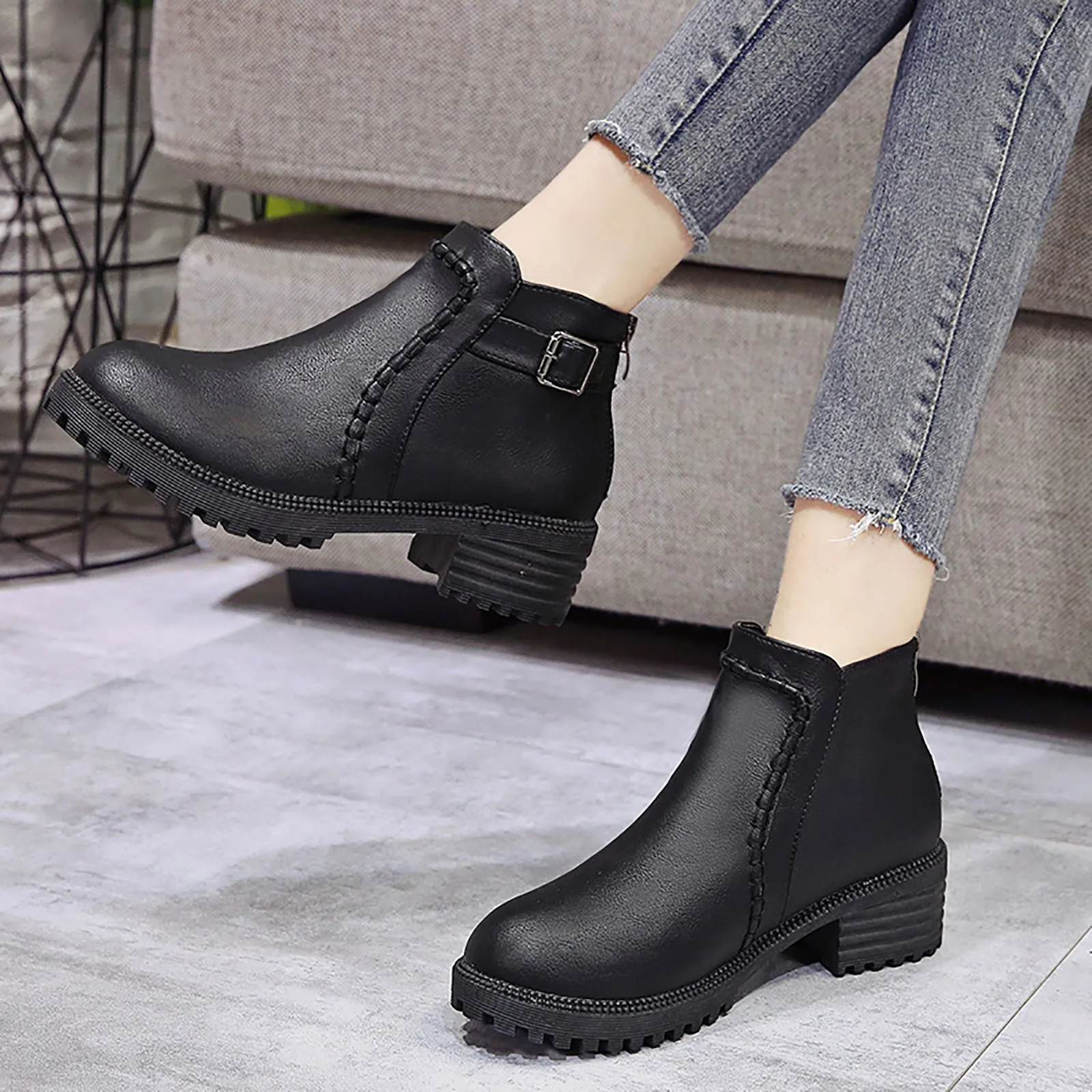 Womens Low Heel Shoes Short Ankle Boots Round Toe Mid Heel Winter Booties For Women Low Heel Back Zipper Wide Width Botas Mujer