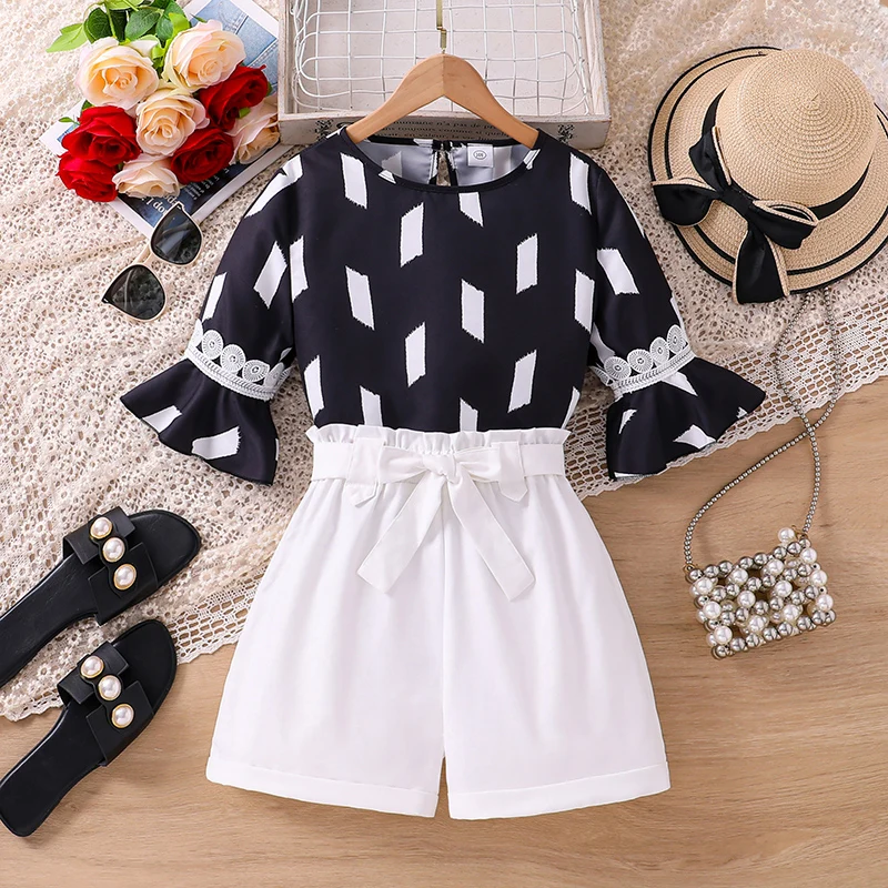 Girls 8‑12 Years Summer Suit Round Neck Keyhole Back Blouse Lace Flounce Cuff Elastic Waist Bow Tie White Shorts Casual Clothing