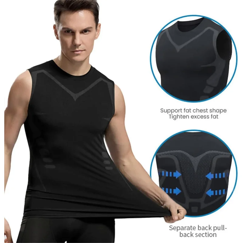 Long Sleeve Ionic Shaping Vest Men Ice-Silk Slimming Vest Body Shaper Compression Tank Top Tummy Control Fitness Workout Shirts