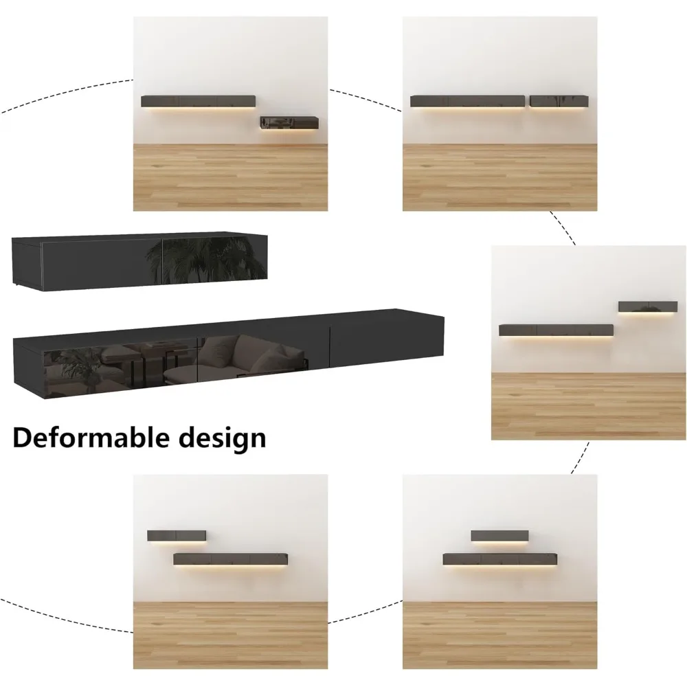 壁掛け式フローティングテレビスタンド、引き出し5つ付き、高光沢エンターテイメントセンター、3色LEDライト、モダンな変形可能なデザイン