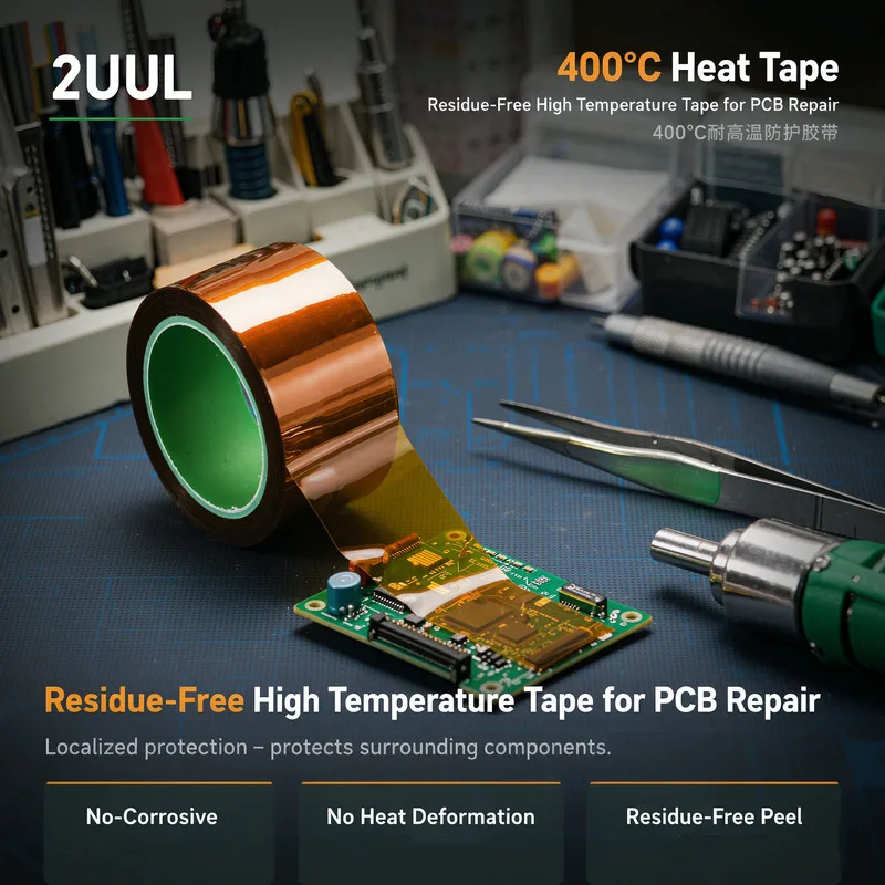 2UUL 400℃ Heat Tape Residue-Free High Temp Polyimide Tape for PCB Soldering Repair 10mm 20mm x 20M Pro Kit Thermal Insulation