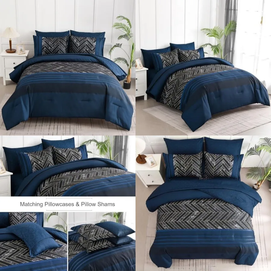 

Comforter Set Size, 7 Pieces Stripe Geometric Bed in a Bag, Soft Microfiber Navy Comforter and Sheet Set Complete Bedding Sets