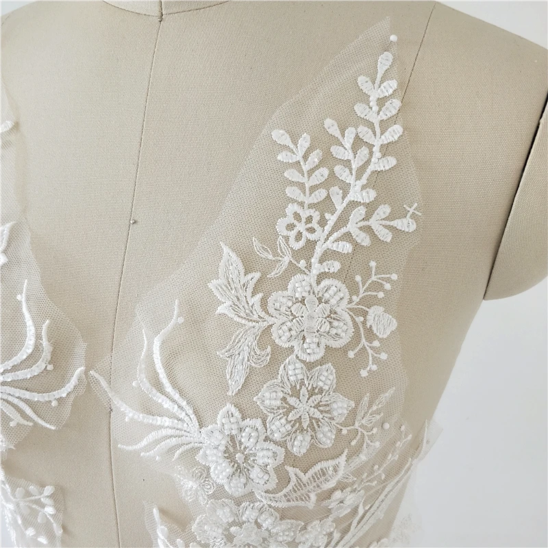 

Exquisite Heavy Industry Off-White Botanical Embroidery Sequin Beaded Lace Pair Flowers Appliqués For weddingdress