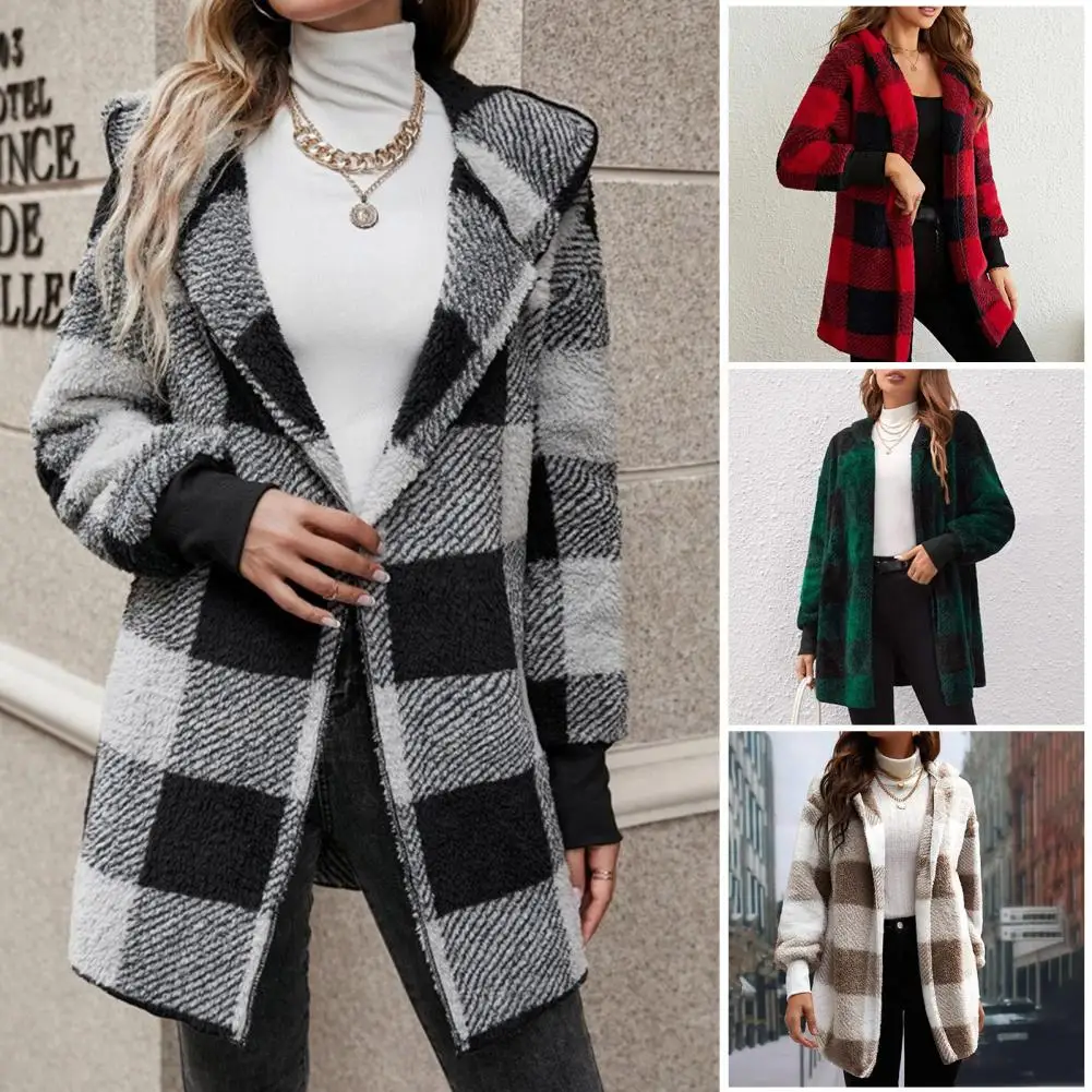 Women Lightweight Coat Cozy Plaid Print Hooded Overcoat for Women Warm Knitted Mid Length Fall Winter Coat with Elastic Cuffs