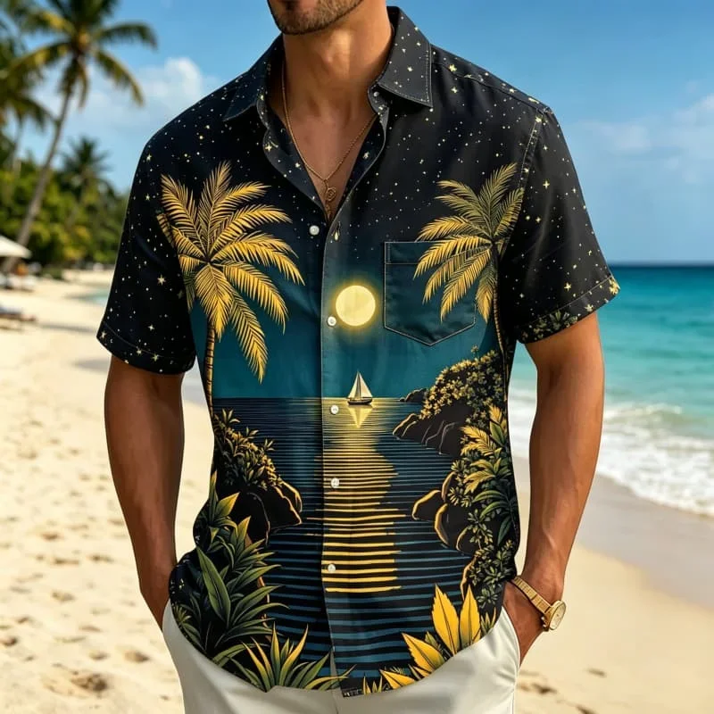 Palm Shirt Men Hawaiian Beach Sunset Coconut Tree 3D Printed Novelty Lightweight Short Sleeve Trendy Stylish Comfy Soft Ocean