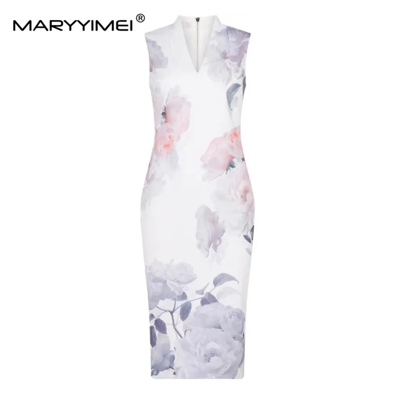 MARYYIMEI Fashion Designer Summer Women's dress V-neck Sleeveless Floral-Print Slim Package hip Sexy Elegant Dresses