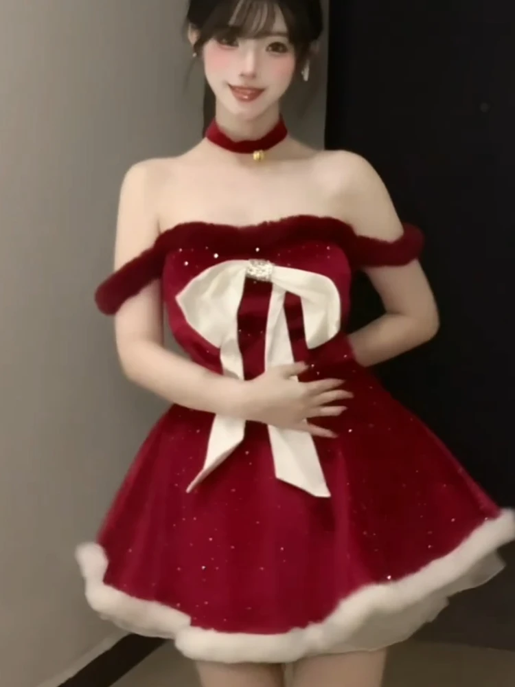 Harajuku Christmas Sexy Off Shoulder Dress Women Red Velvet Bow Trim Mini Party Dress Fashion Cute Sweet Holiday Stylish Outfit