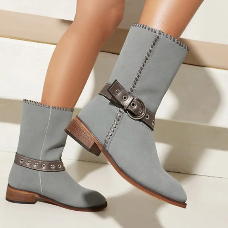 

Ботинки на блочном каблуке с металлической пряжкой на ремне, женские модные замшевые противоскользящие износостойкие туфли с круглым носком, ботинки до середины икры на массивном каблуке