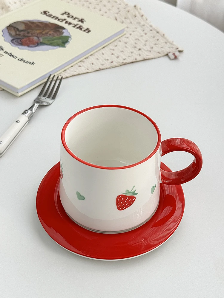 Strawberry Ceramic Coffee Cup And Saucer Cute Ceramic Afternoon Tea Drinkware Breakfast Cup Snack Plate Gift