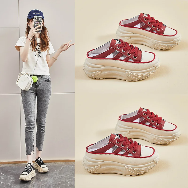 

Женская обувь 2025 года, женские тапочки с закрытым носком, модные римские удобные повседневные туфли на толстой подошве, бестселлер, удобная повседневная обувь на шнуровке