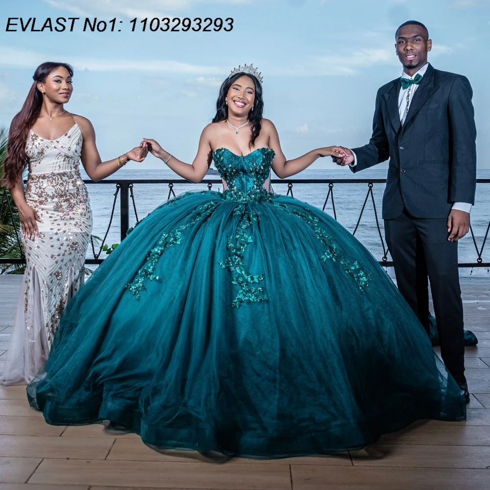 

EVLAST Customized Sparkly Dark Green Ball Gown Quinceanera Dress Lace Applique Beaded Corset Sweet 16 Vestidos De 15 Anos E1QN84