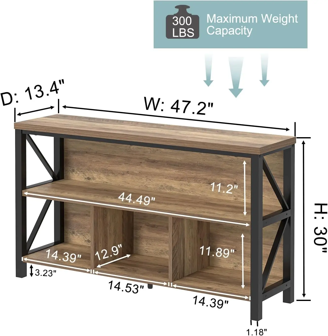Rustic Oak 47 Inch Low Wide Horizontal Bookshelf, Industrial Wood & Metal 4‑Cube Storage Organizer, Open Display Bookcase for Living Room Home Office