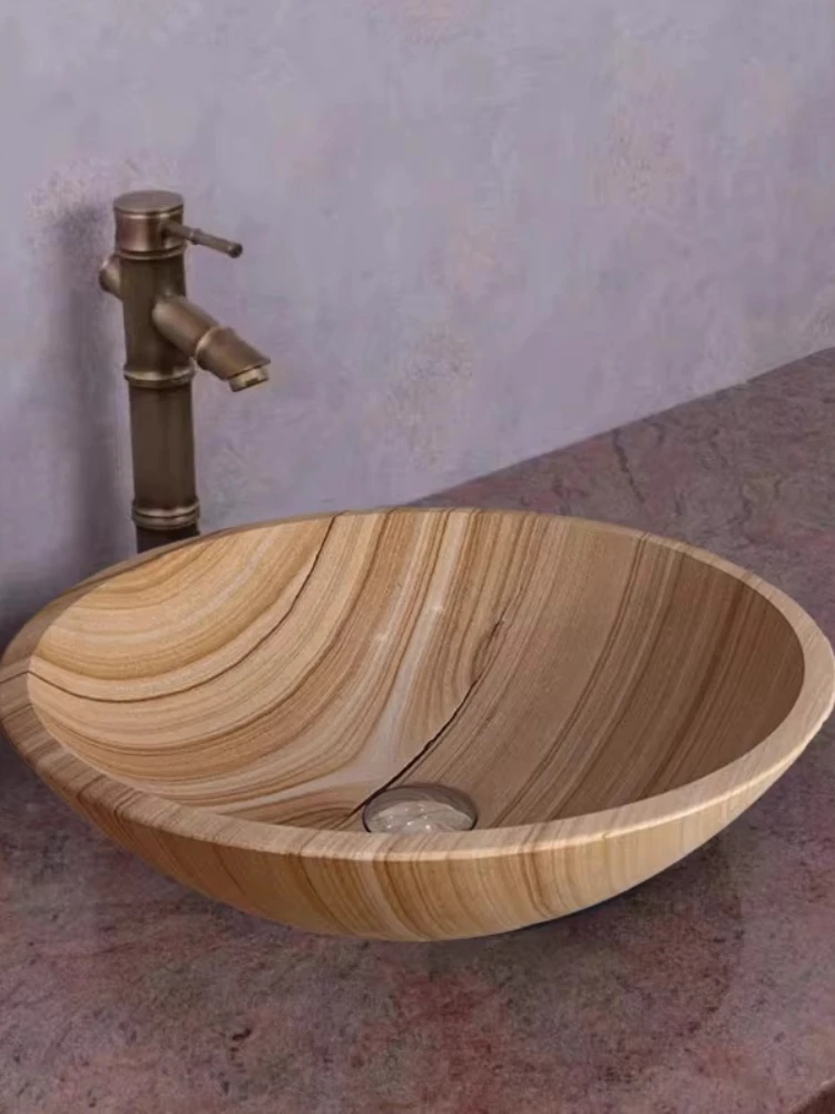 

Natural sandstone softgold light luxury round basin sago gold thread beige art stage basin