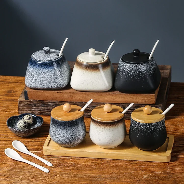 Juego combinado de tarros de especias de cerámica Vintage de estilo japonés, caja de especias y sal de cocina con tapa, tarro de azúcar y pimiento, utensilios de cocina para alimentos