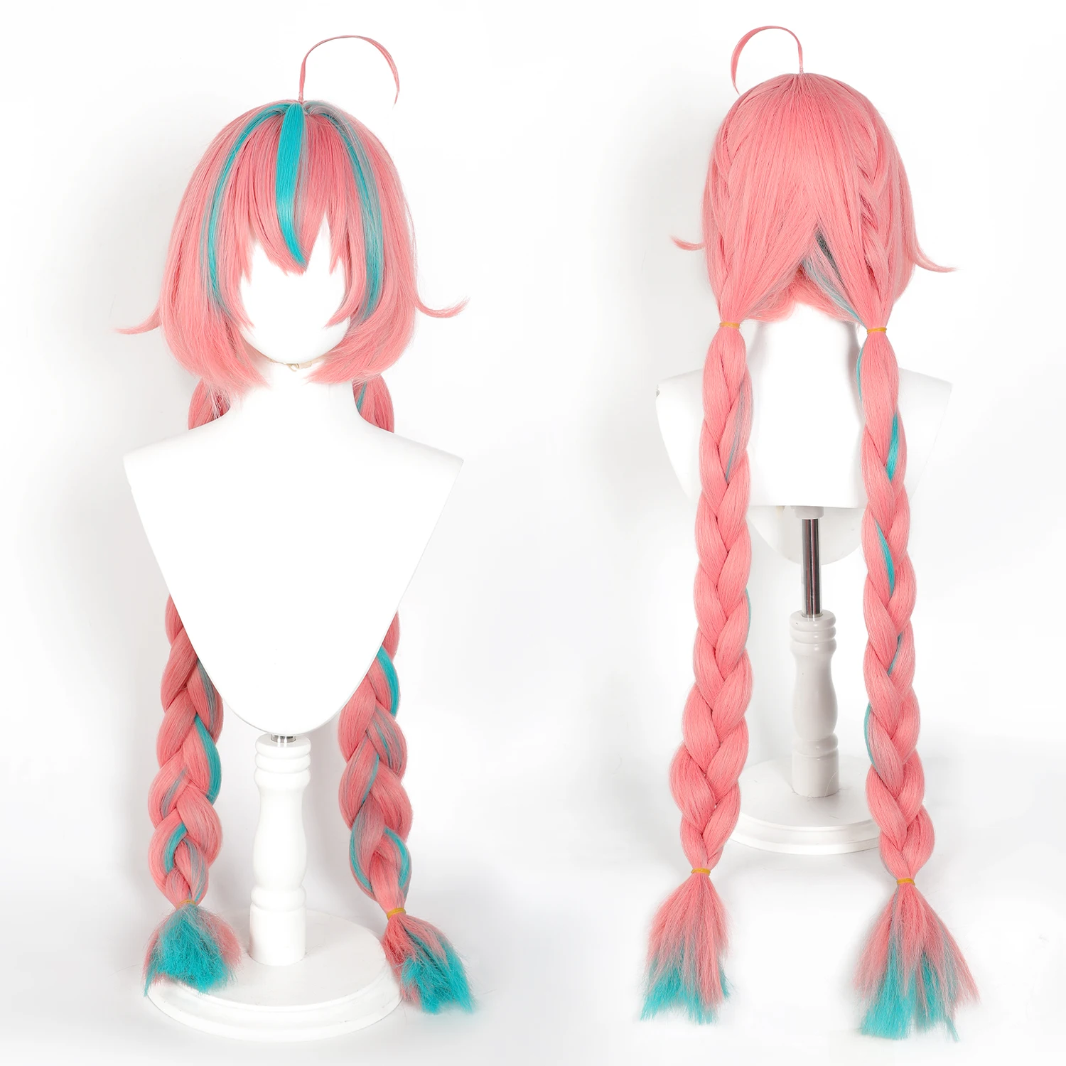 Premium Pink Synthetic Cosplay Wig with Blue Ombre Streaks Long Double Braid Style with Horn Accessories Heat Resistant for Game