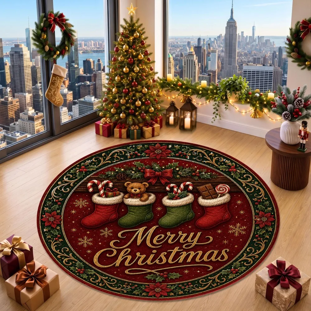 Christmas Stockings Bear Round Rug Foyer Floor Mat Hallway Window Side Area Rug Balcony Fireplace Entryway Home Decor