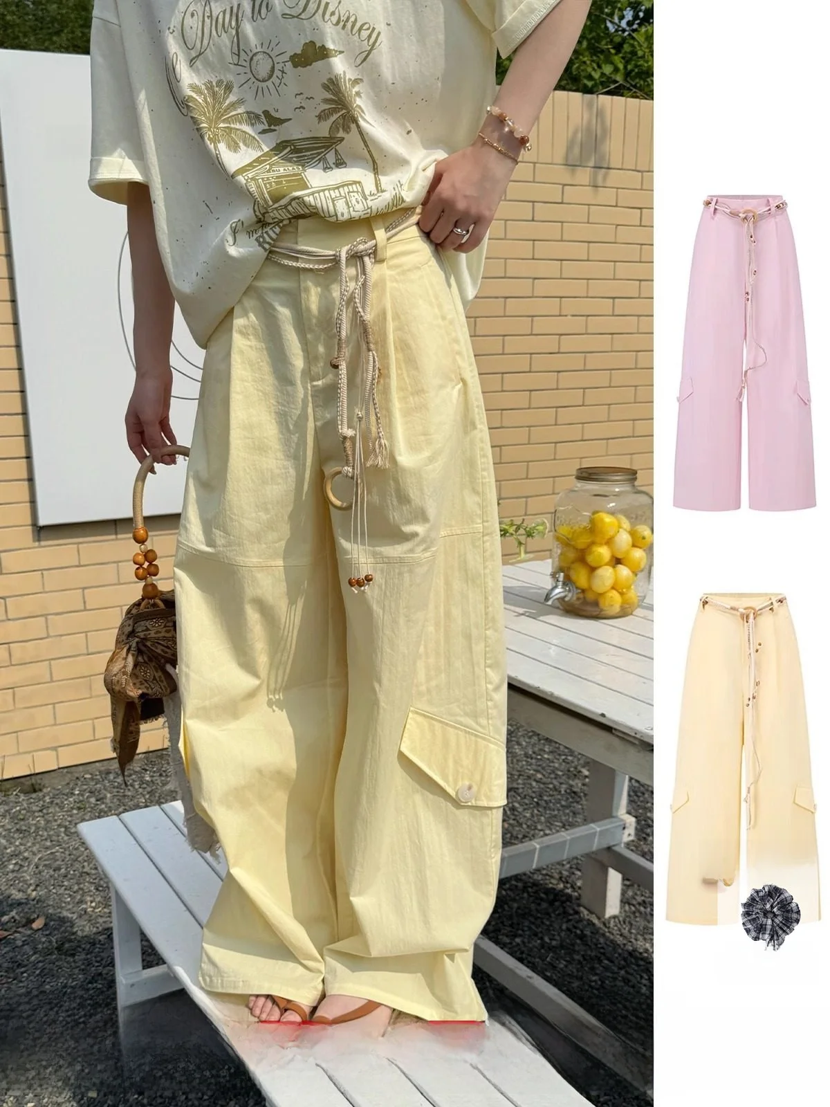 

Cotton Workwear Trousers with Belt High Waist Straight Leg Pants Simple Sle Commute Faion Long Pants for Women