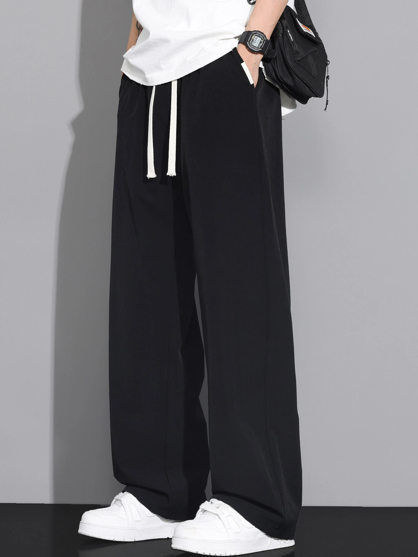 Summer Lightweight Men's Ice-cool Quick-dry Casual Pants with Wide-leg Straight Cut Loose Fit Y Smooth