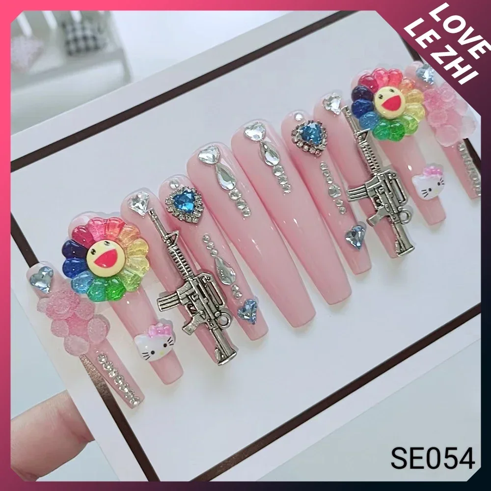 Spicy Girl Hot Sale XXL Full Ab Colourful Diamond Press On Nails Long Coffin Short Square Stiletto Can Be Customized Fake Nails