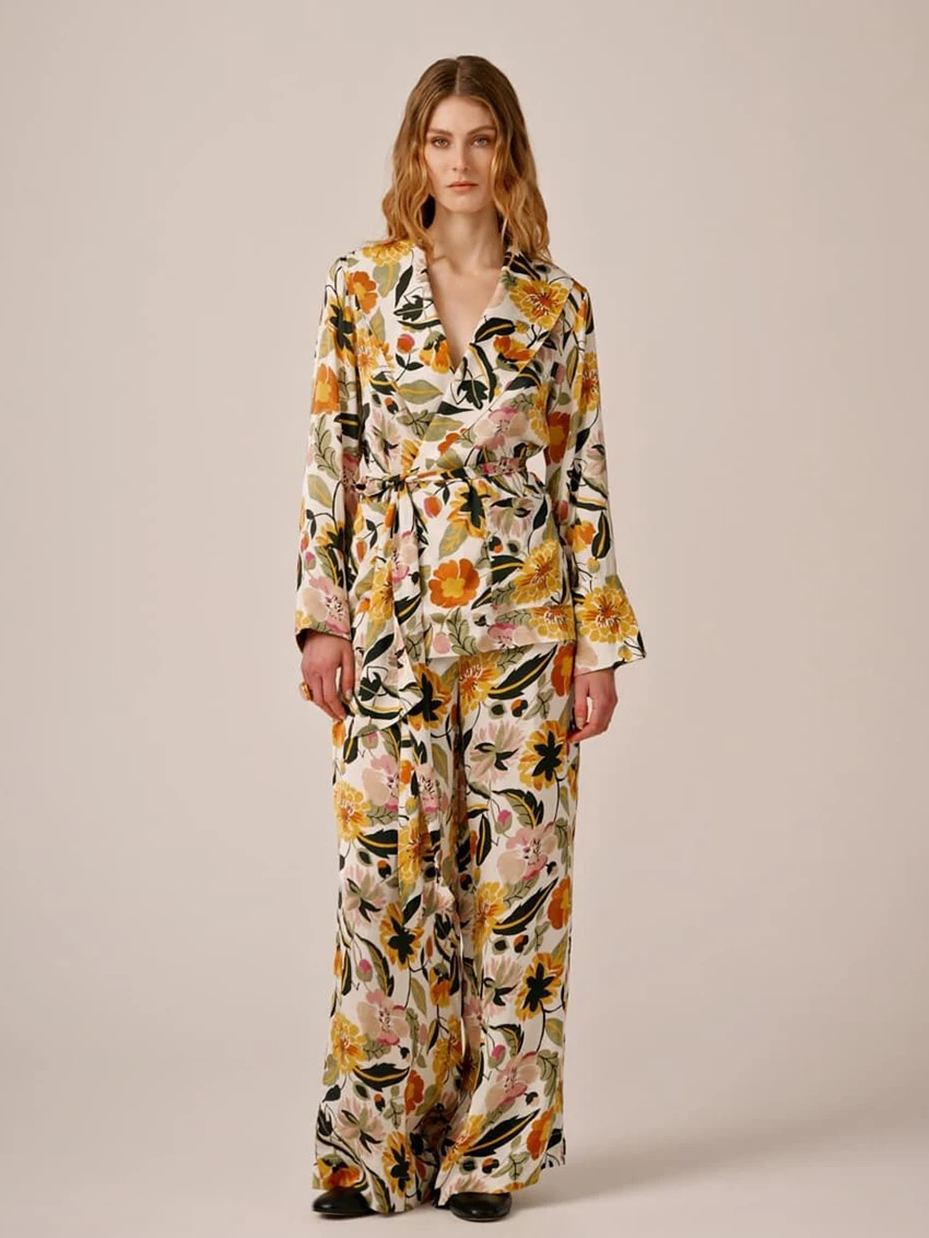 

Marthaqiqi Winter Female Sleepwear Set Long Sleeve Robe Turn-Down Nightwear Lace Up Nightie Pants Printing Women Nightgowns Suit