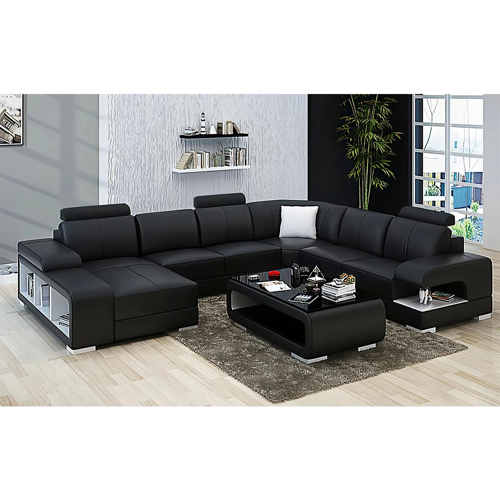 

Linlamlim Modern U-Shape Italian Genuine Leather Sectional Sofa with LED Light for Living Room, Nordic Couch Sofas Seating Room