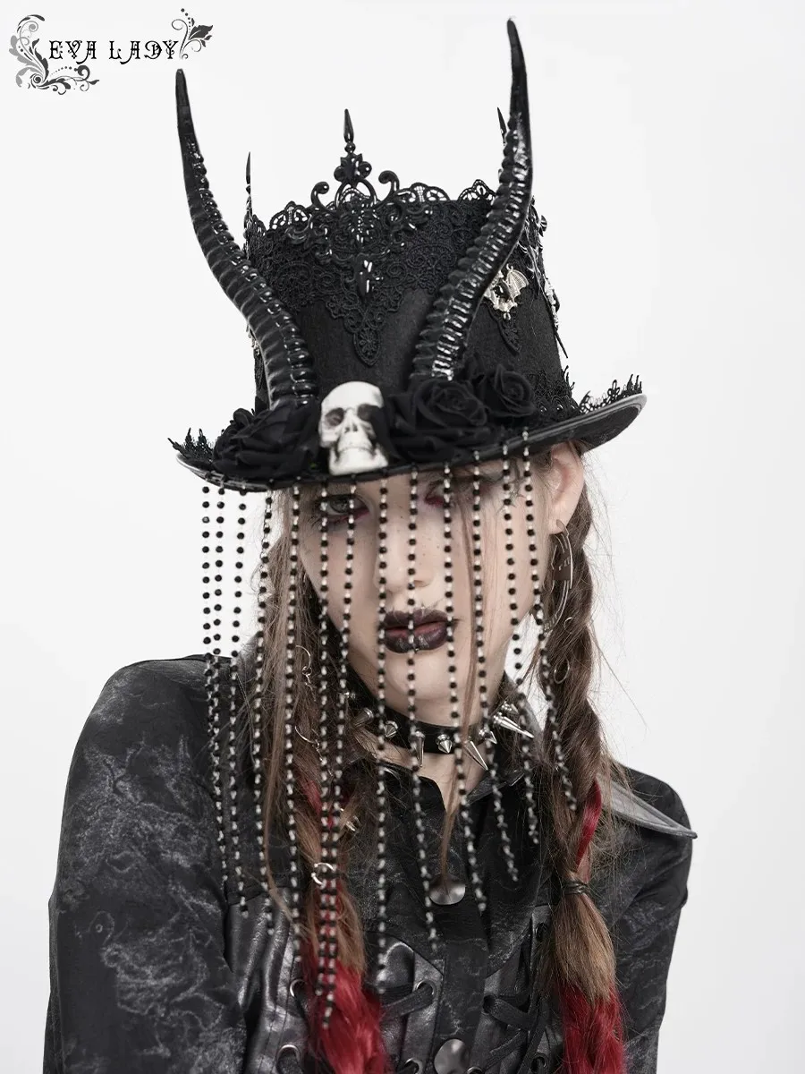 Gothic Top Hat For Women Skull Horn Mini Top Hat With Chain Tassel Gothic Headpiece Halloween Cosplay Party Costume Headwear