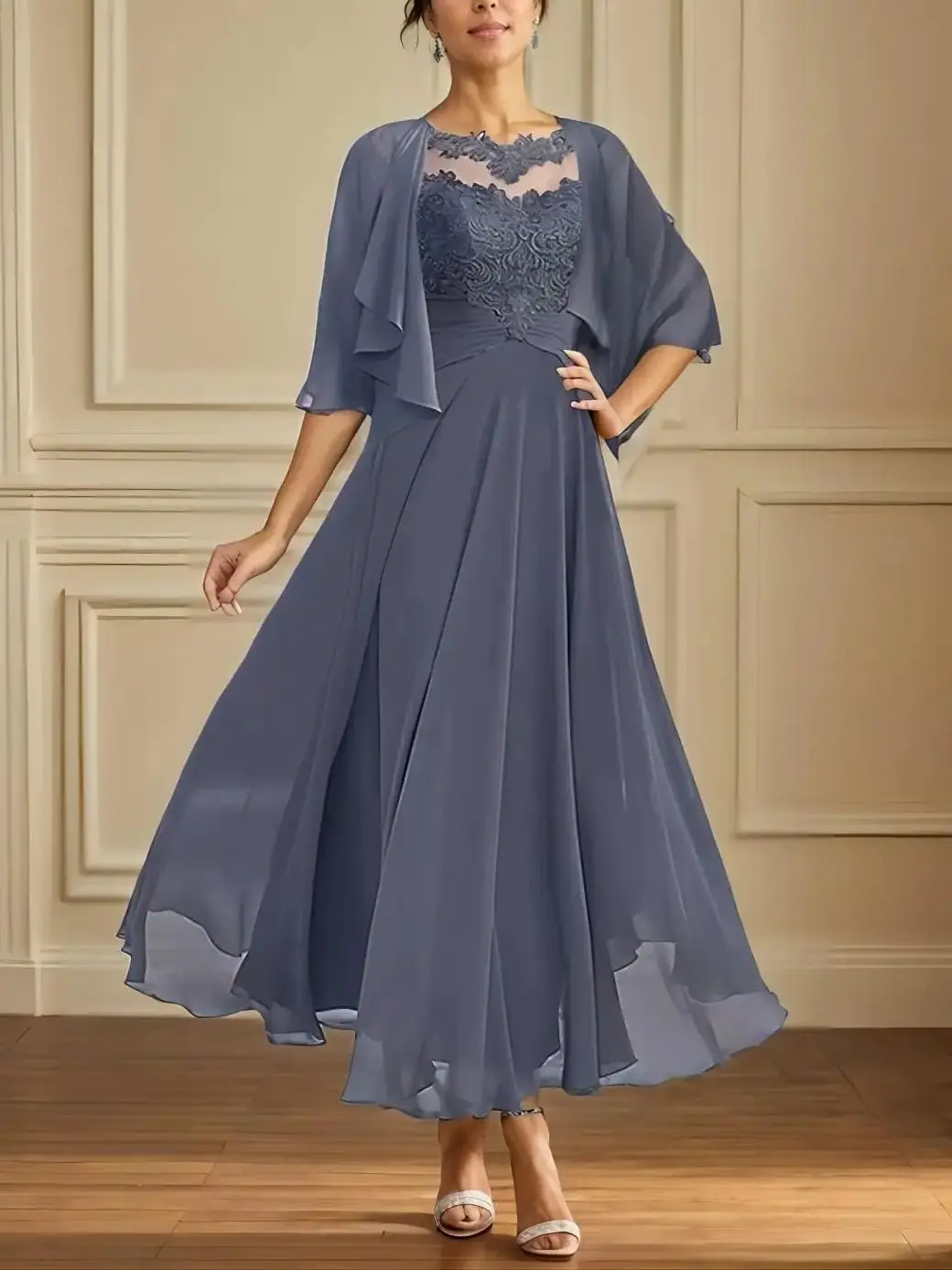 

Elegant Two Piece A-Line Mother of the Bride Dress Chiffon Appliques 3/4 Length Sleeve Tea Length Dress 2025 Free Customized