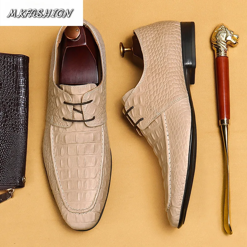 Men's Business Casual Shoes Crocodile Pattern Embossed Genuine Leather Lace Up Flats Male Footwear