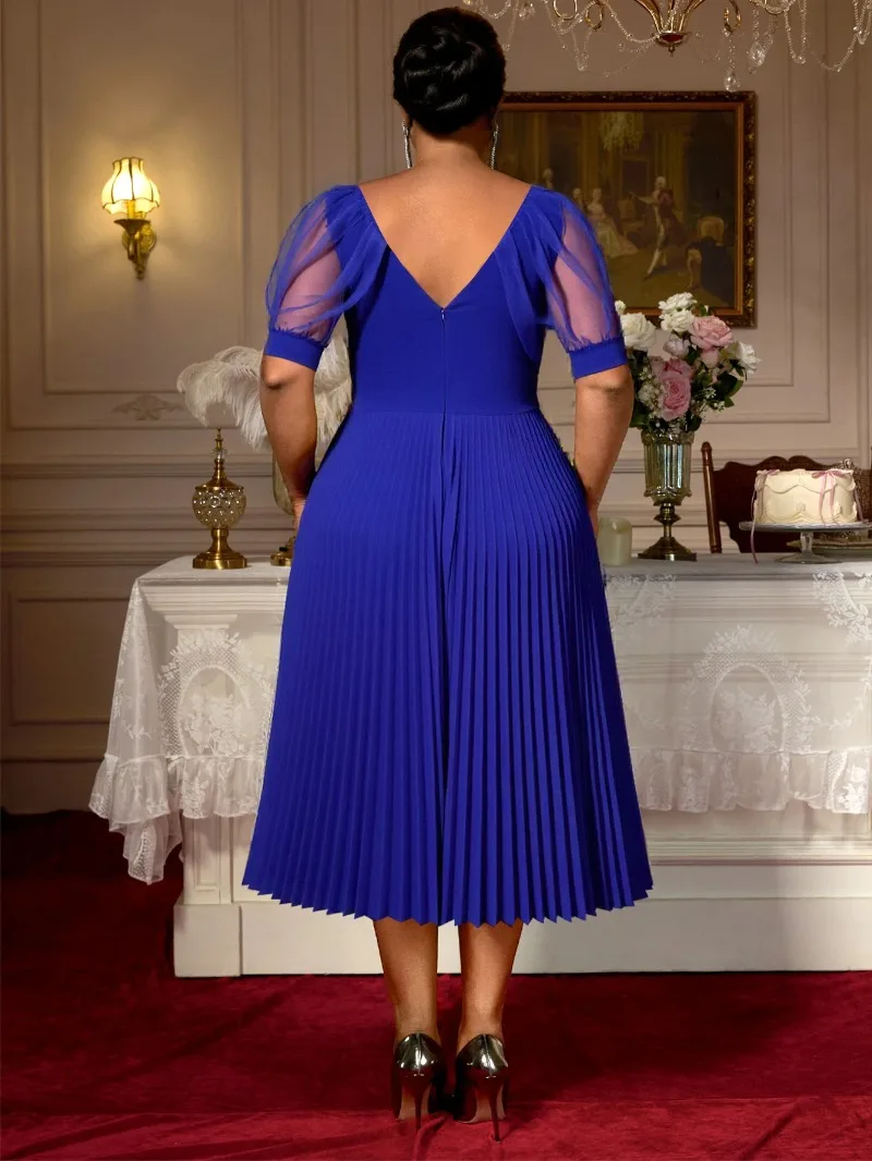 

Женское платье миди Grace с v-образным вырезом синего цвета и плиссированной юбкой, прозрачные пышные рукава, вечернее платье со стразами и акцентом