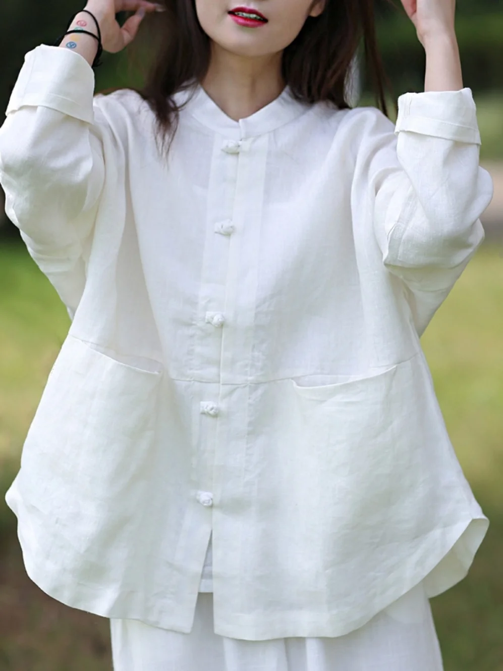 

Женская хлопково-льняная рубашка большого размера с воротником-стойкой, длинным рукавом, однотонная, в стиле дзен, верхняя одежда, весенняя модная повседневная блузка