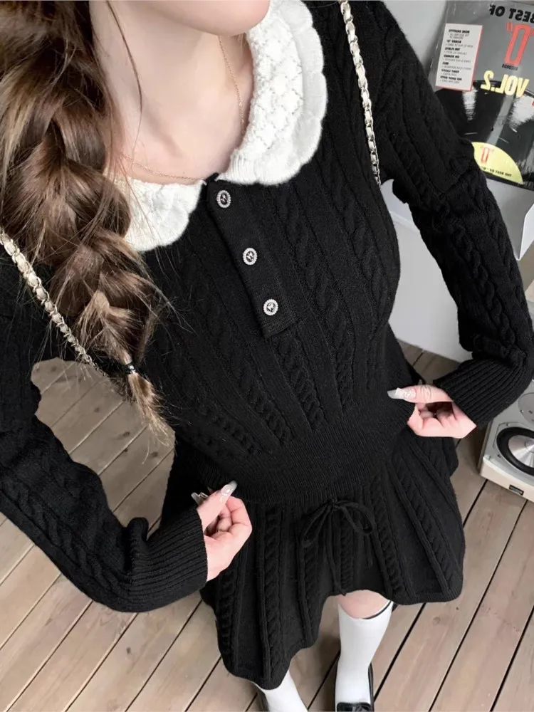 Women\'s Two Pieces Knitted Skirt Set Elegant Kawaii Long Sleeves Pullover Sweater + A-Line Mini Skirt Y2K Autumn Female Clothing