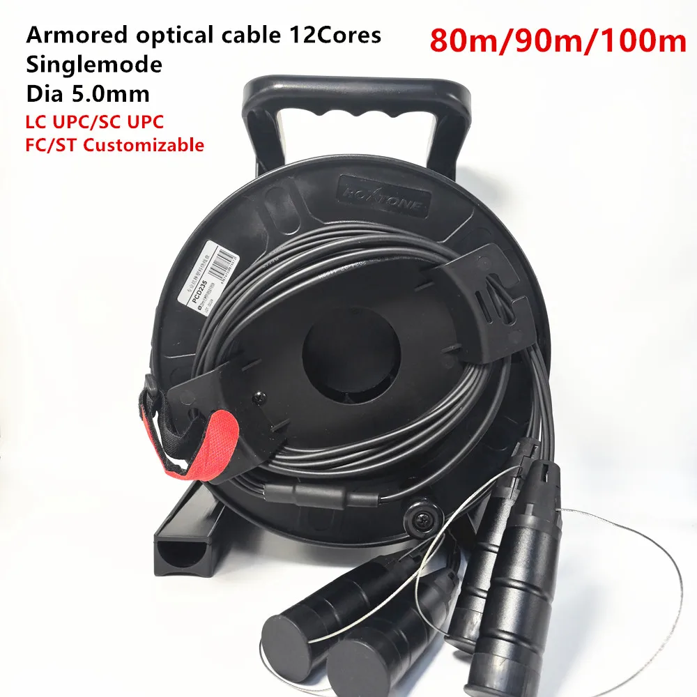 

12 ядер, бронированный оптоволоконный кабель из ТПУ, одномодовый, водонепроницаемый, LC UPC, SC UPC с катушкой PCD235 и защитной крышкой, 80 м, 90 м, 100 м