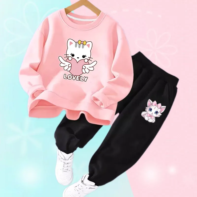 

Cute Kitten Printed 2PCS Kids Tracksuit Loose Fit Spring Autumn Cartoon Sweatshirt And Pants Set Children's Fashion Outfit