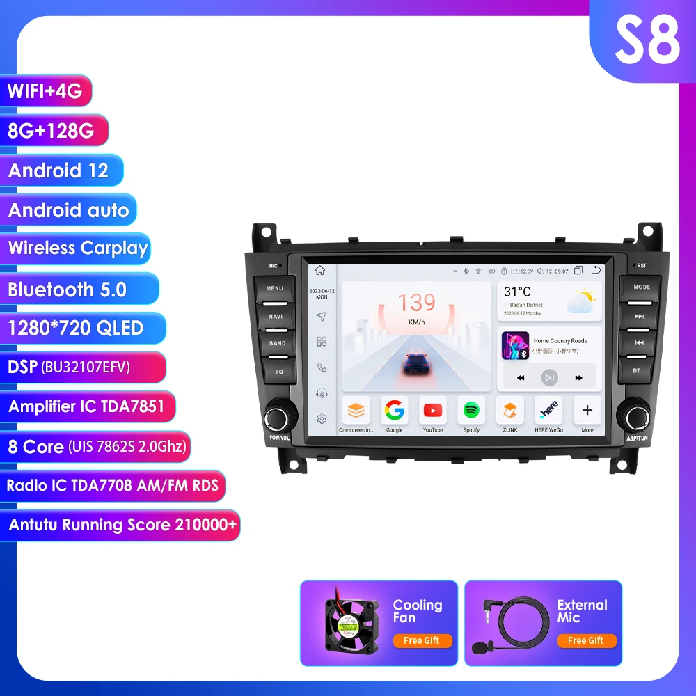 Android 12 Autoradio GPS Stereo für Mercedes Benz W203 C180 C320 C55/W209 CLK 200 CLK 220 Multimedia Video Player 4G WIFI Carplay