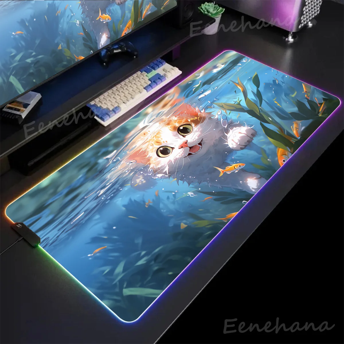 

RGB Backlight Mousepad Swimming Cat Anime Mouse Pad Pc Gamer Accessories Desk Protector Backlit Mat Gaming Large Keyboard Mats