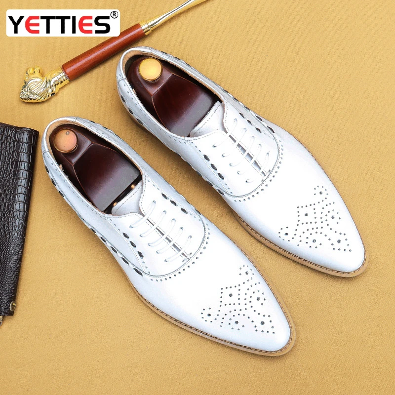 White Genuine Leather Men's Shoes Top Layer Cowhide Dress Business Leather Shoes Pointed Toe Lace-Up Oxford Shoes Wedding Shoes