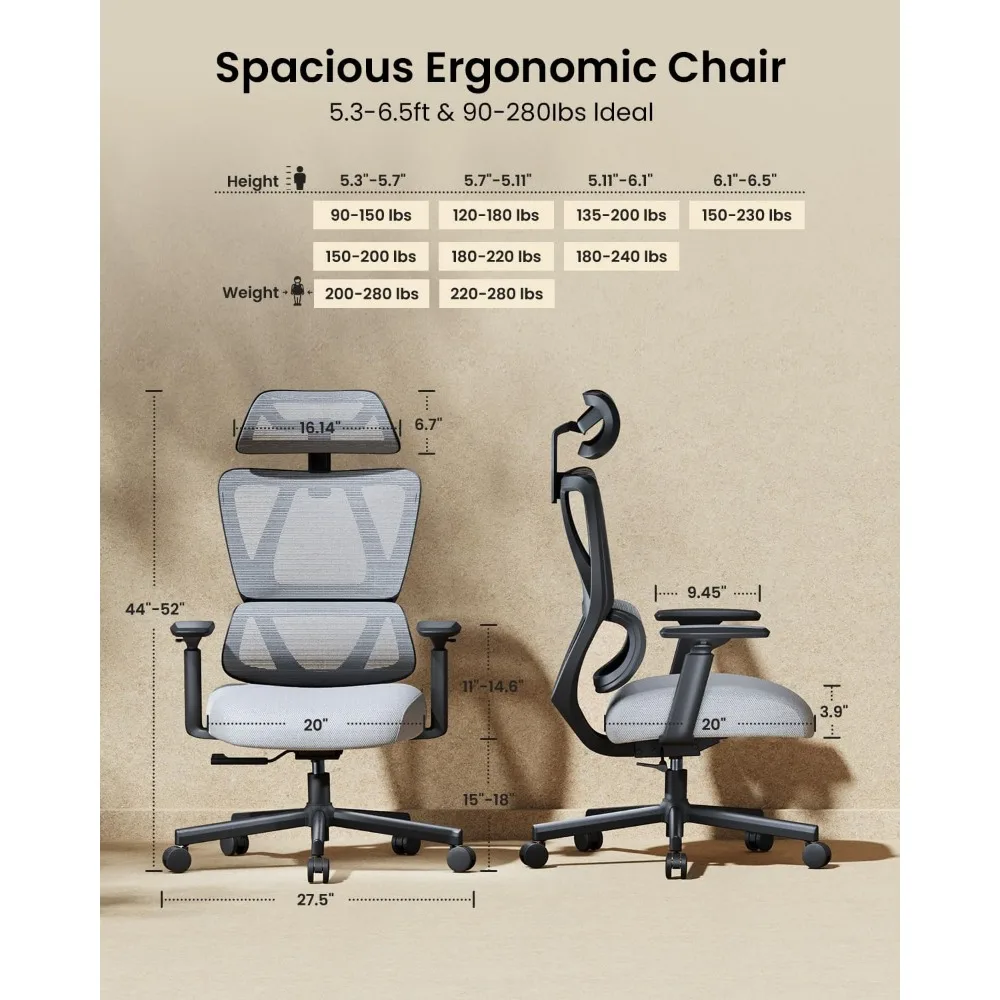 Ergonomic office chair with 30% thick saddle-shaped spring pad, adaptive lumbar support, large and tall mesh chair with headrest