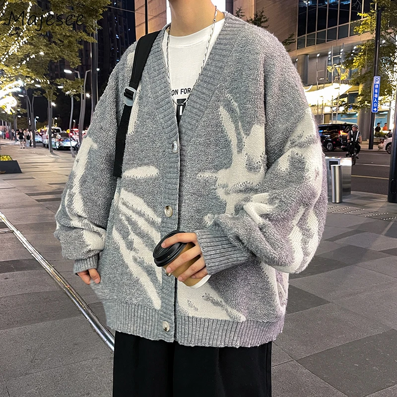 

Vintage Cardigans Men Long Sleeve Sweater Loose Autumn American Casual Streetwear Hip Hop Ins Fashion Youthful Hipster BF Chic