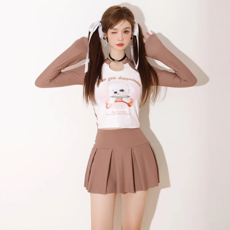 

Coffee color korean style Long sleeved sunscreen conservative student girl cute Japanese girl swimsuit