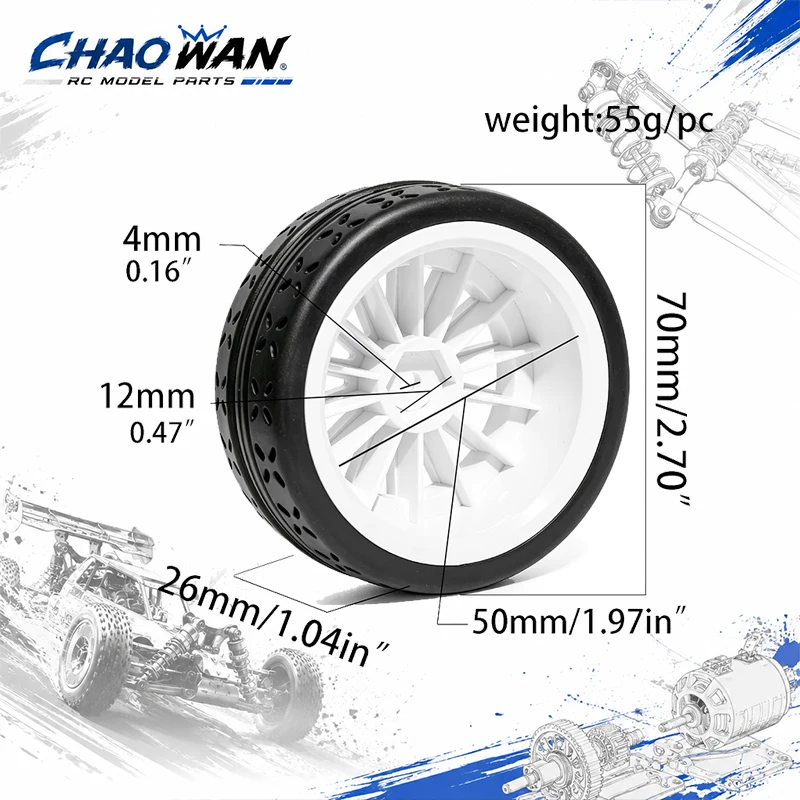 1/10 Scale RC Racing Car Thickened Rubber Tire 70mm on Road Touring Drift Wheel Compatible with Tamiya TT01 TT02 XV01 PTG-2 HPI