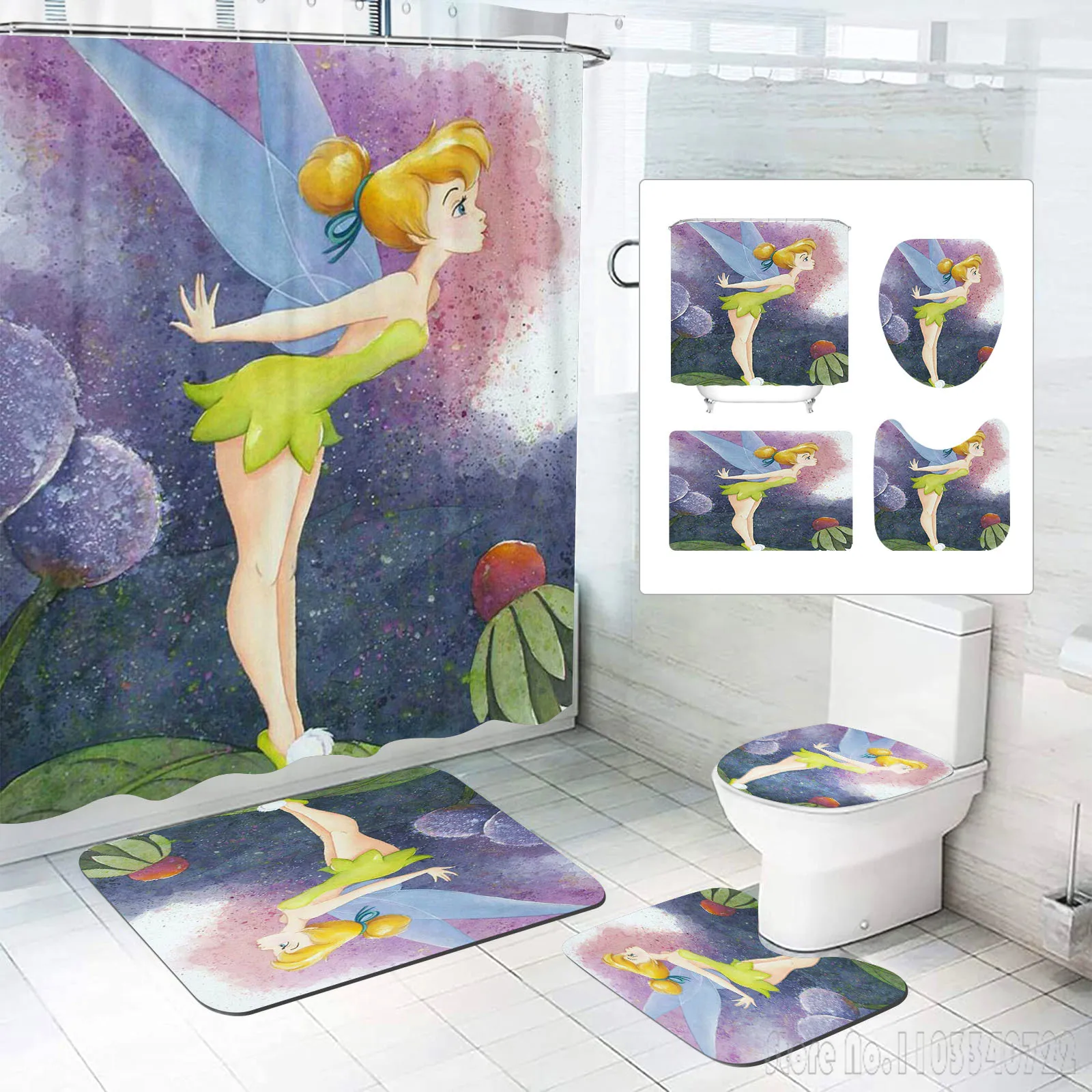 Disney Flower Fairy Bath Shower Curtain Set 4pcs with Hooks Cartoon Decor Waterproof Bathroom Toilet Mat Lid