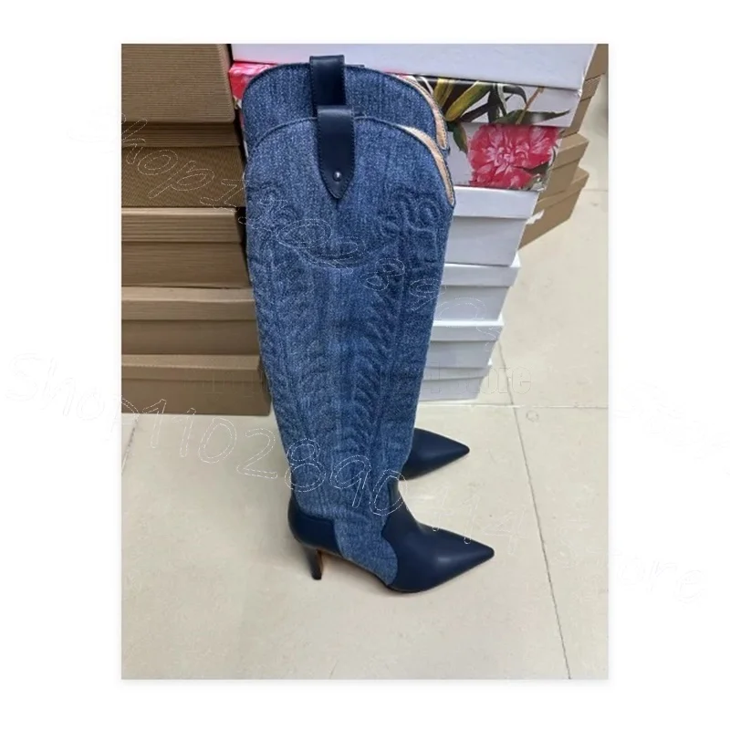 موضة أشار تو المرأة أحذية طويلة التطريز فوق الركبة أحذية عالية الكعب مثير أحذية ركوب الخيل أحذية طويلة أسود الدنيم الأزرق #6
