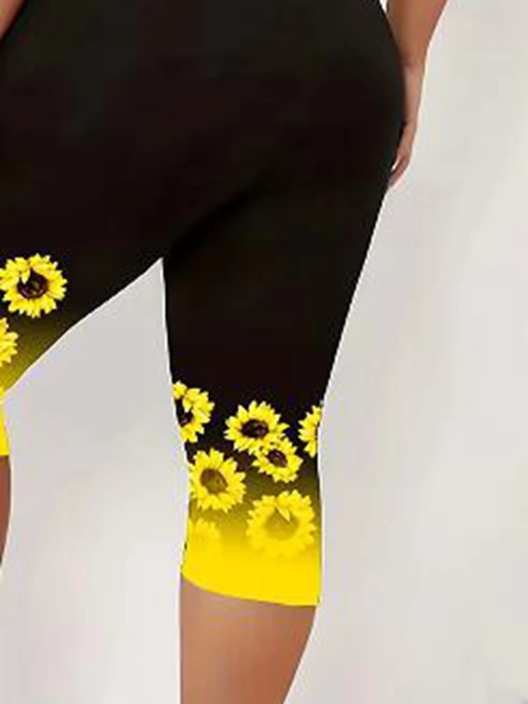 Women\'s Plus Size 1XL-5XL Summer Fashion Sunflower Print Leggings Fitness Sports Seven Point Leggings Casual  Yoga Leggings