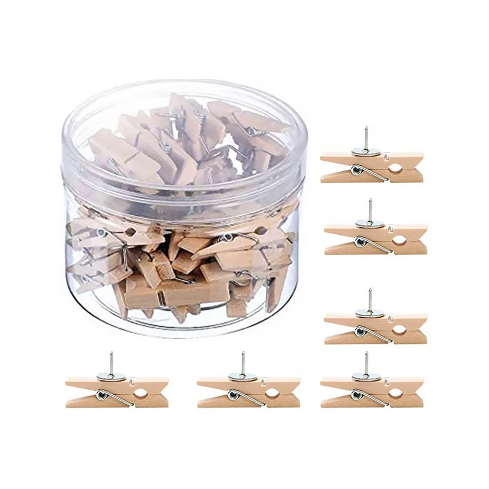 50개 나무 푸시핀 클립 미니 사진 벽 장식 공예 홀더 코르크 보드 종이 메모 사진 고정 클램프 푸시핀 클립