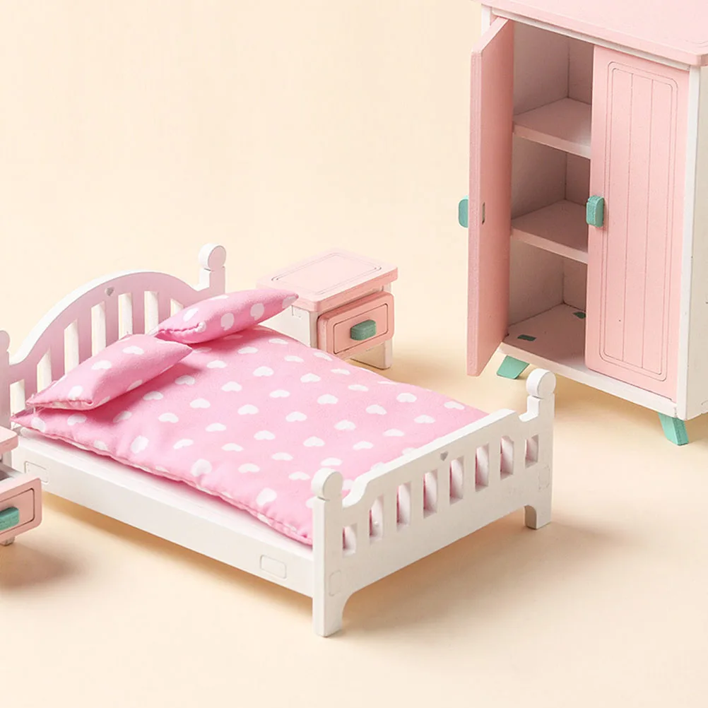 1 ensemble de Mini lit en bois avec finition lisse, meubles miniatures réalistes pour petite maison, accessoires de décoration de configuration de chambre à coucher