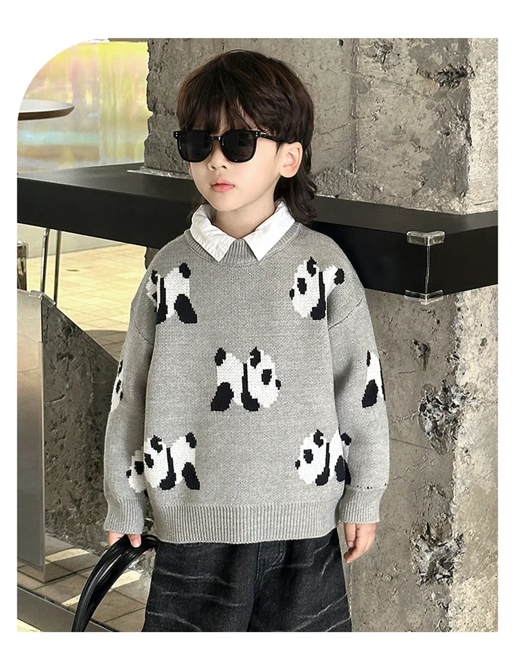 Koreanische Niedliche Kinder-Panda-Pullover mit Cartoon-Drucken, Strickwaren für Jungen, Graue Panda-Kostüme, Kinder-Strickkleidung für Alter 2 3 5 7 9 11 Jahre – Detail 3
