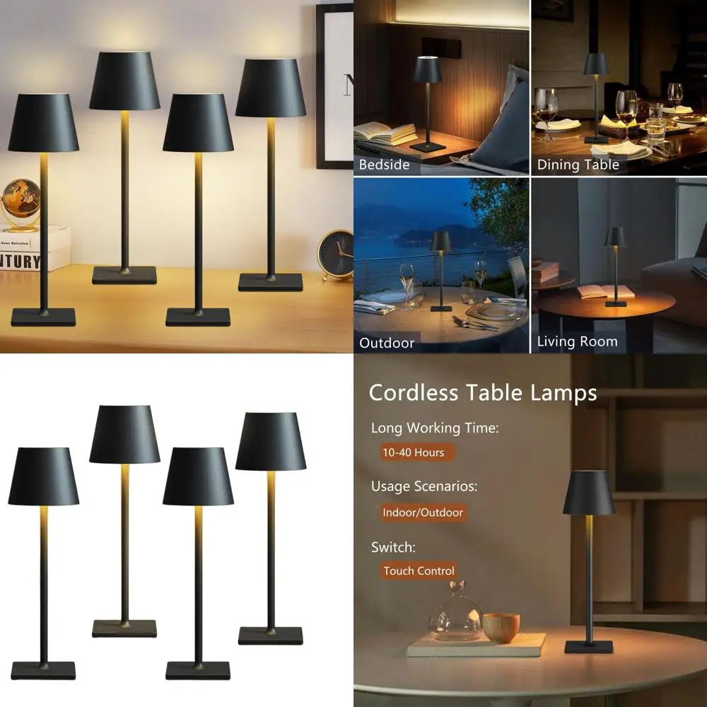 

Портативные перезаряжаемые светодиодные настольные лампы, 4 шт., аккумулятор емкостью 6000 мАч, 3-цветная регулировка яркости, идеально подходят для внутреннего и наружного использования