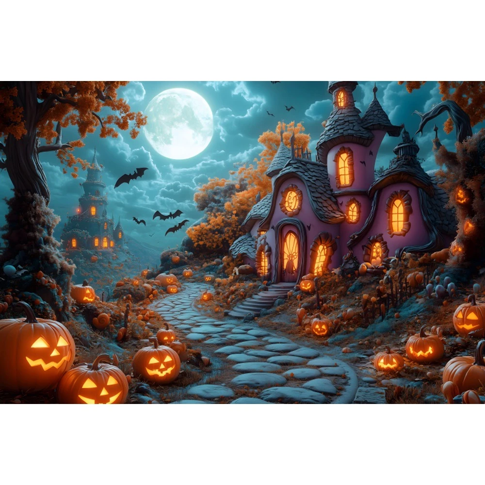 Halloween Night Photography Backbdrop Full Moon Night Ancient Castle Ghost Pumpkin House Scene Kids Portrait Photo Background