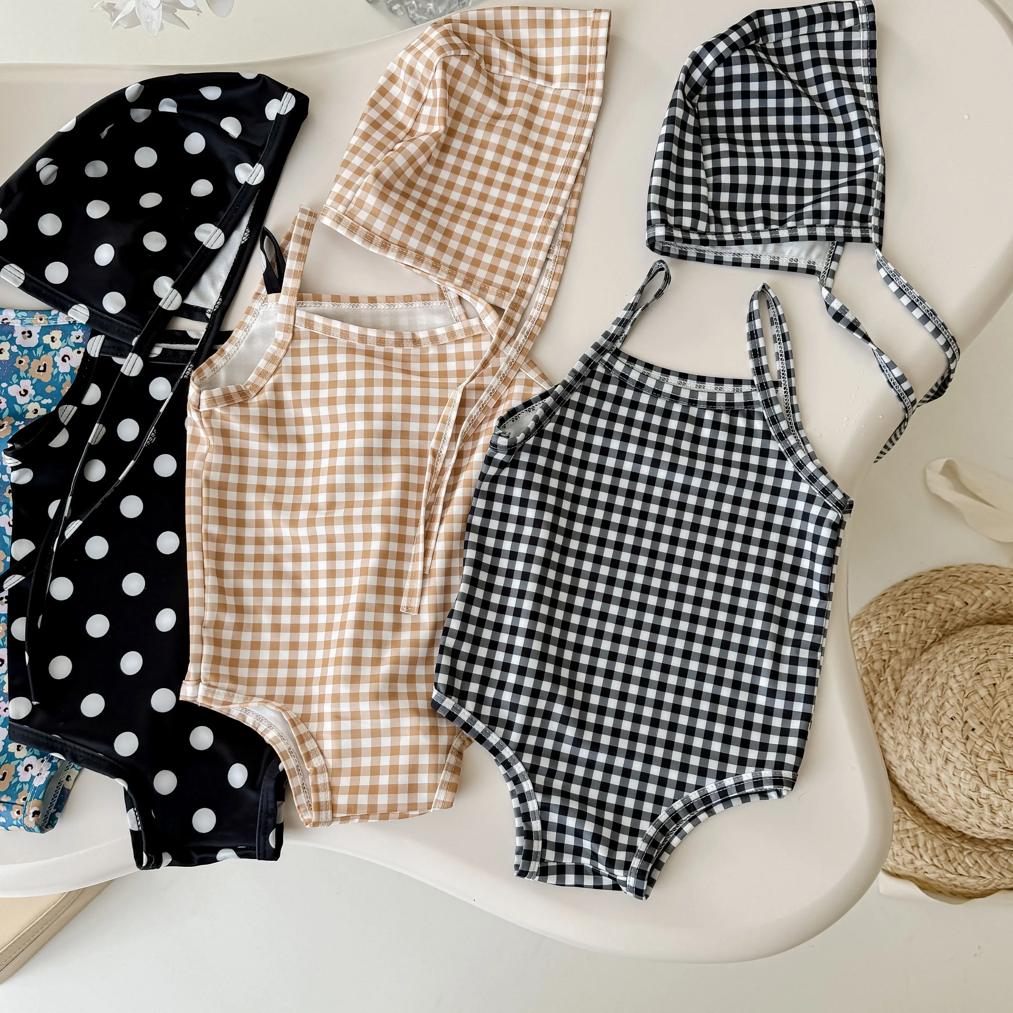 Summer new baby camisole with floral plaid print one piece triangular swimsuit and hat